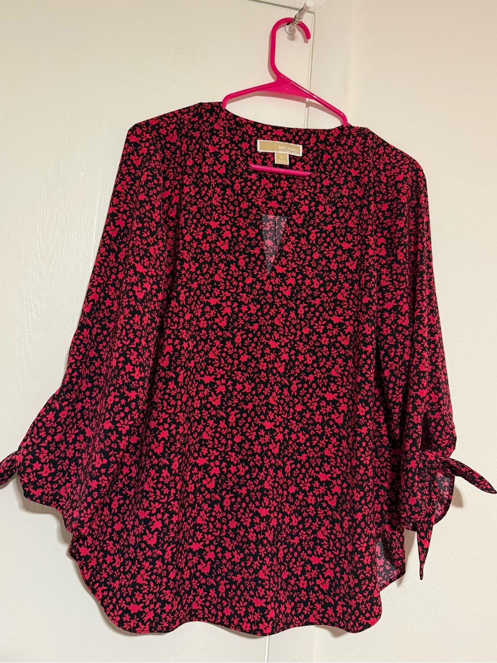 Michael Kors Floral V-Neck Tie-Sleeve Blouse Top M